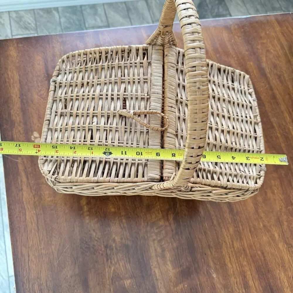 Vintage Wicker Picnic Basket Double Hinged Lid Single Handle Storage 16”